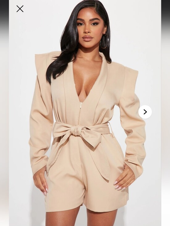 Fashion Nova Pants - Fashion Nova Beige Plunge-Neck Jumpsuit with Tie Waist
